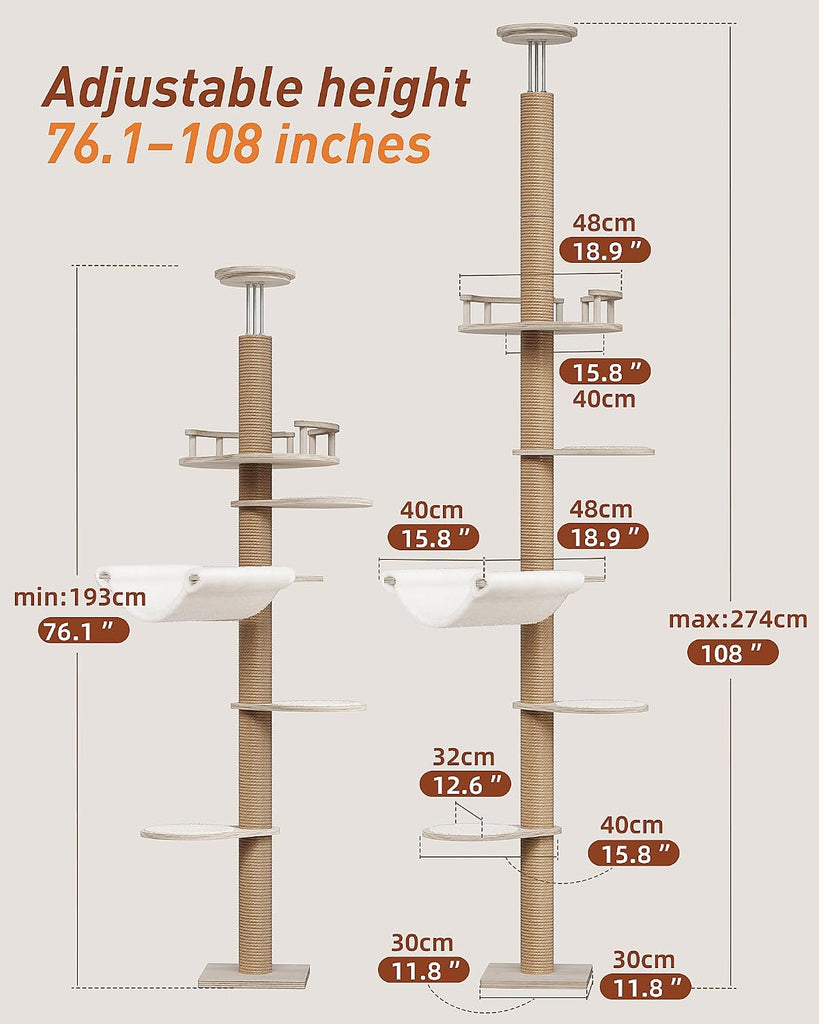 Floor to Ceiling Cat Tree for Large Cats, 76-108" Height Adjustable