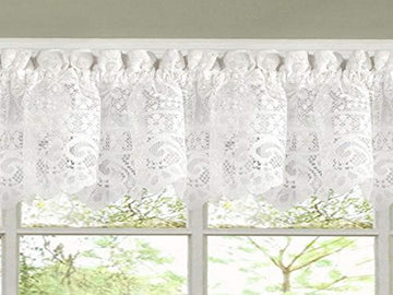 Old World Style Floral Heavy Lace Kitchen Curtain Valance, Hopewell White