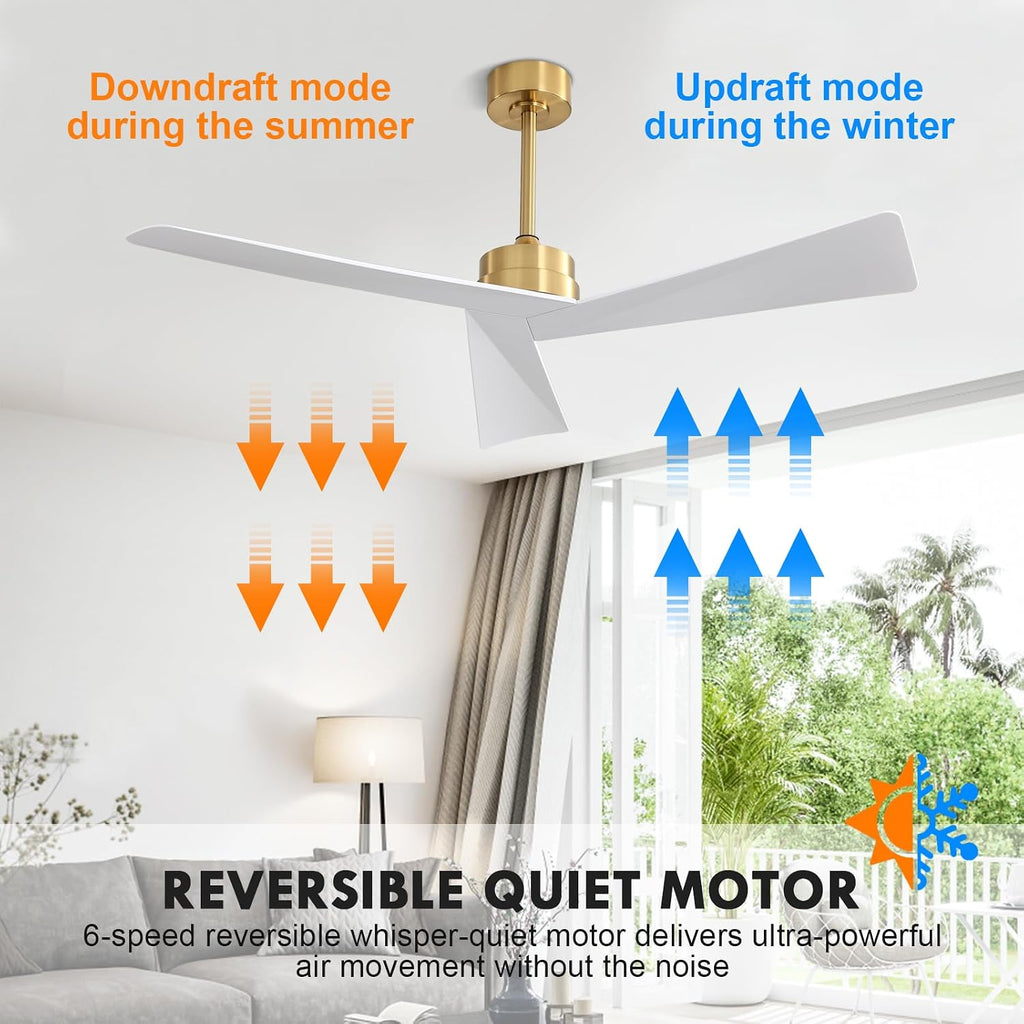 Inspired Adler Style 52" DC Ceiling Fan Without Light, 3 Sculpted ABS Blades, 6-Speed Remote - Brass and White