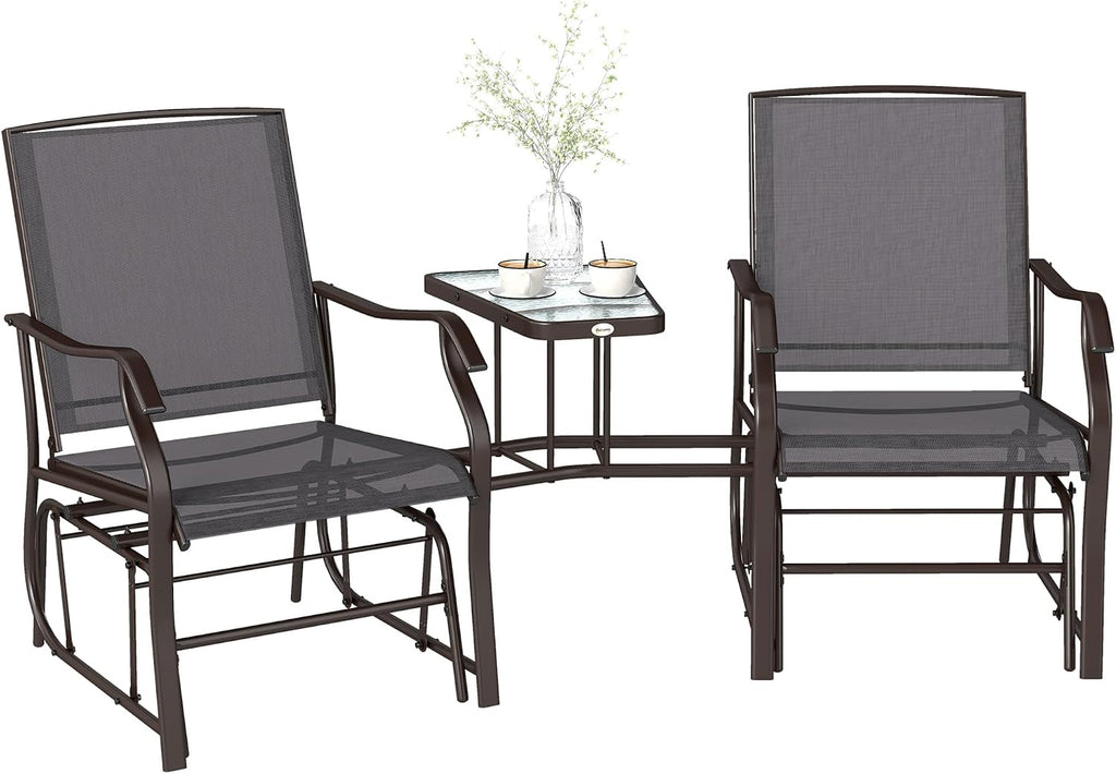 Outdoor Glider Chair with Table 2-Seat Patio Loveseat Gray | Rocking Chair Swing Love Seat, Breathable Sling
