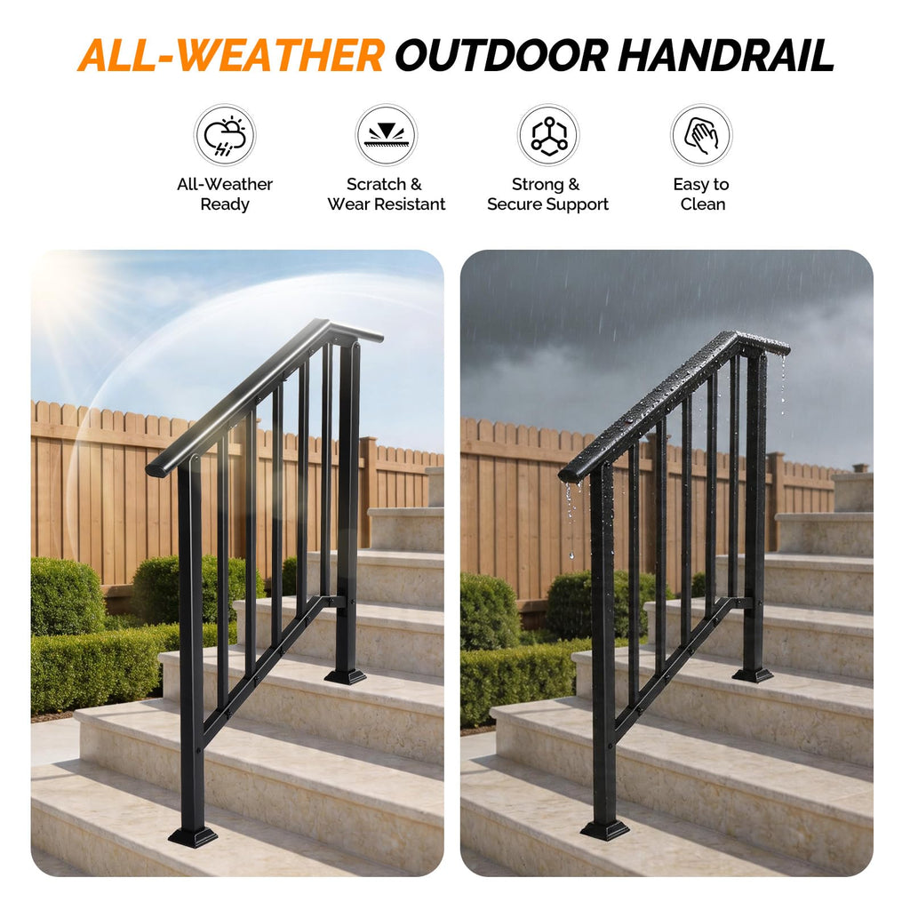 2 Pack 3 Step Handrails for Outdoor Steps, Wrought Iron Stair Railing Fits 2 or 3 Steps, Metal Hand Railing with