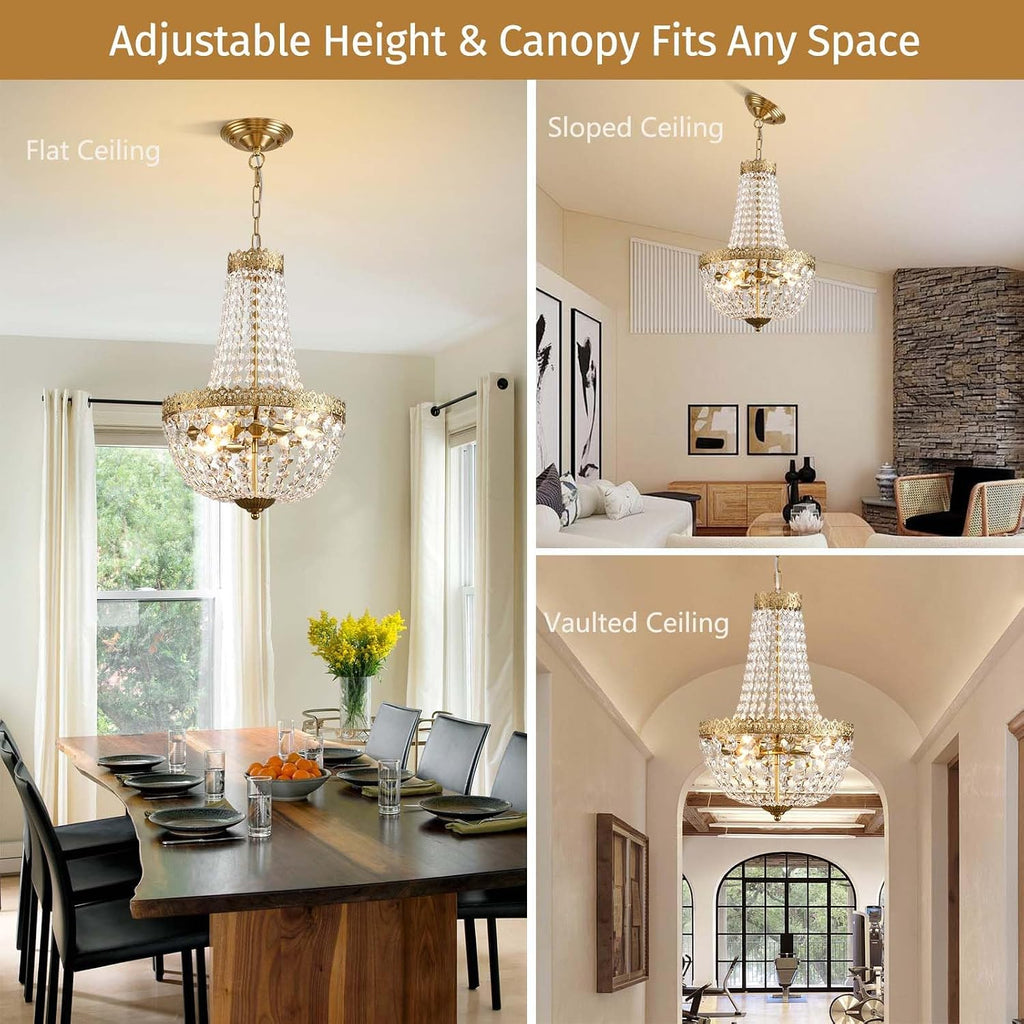Mini French Empire Crystal Chandelier, 4-Light Antique Brass Pendant Light Fixture - 19.7" H x 12.6" W