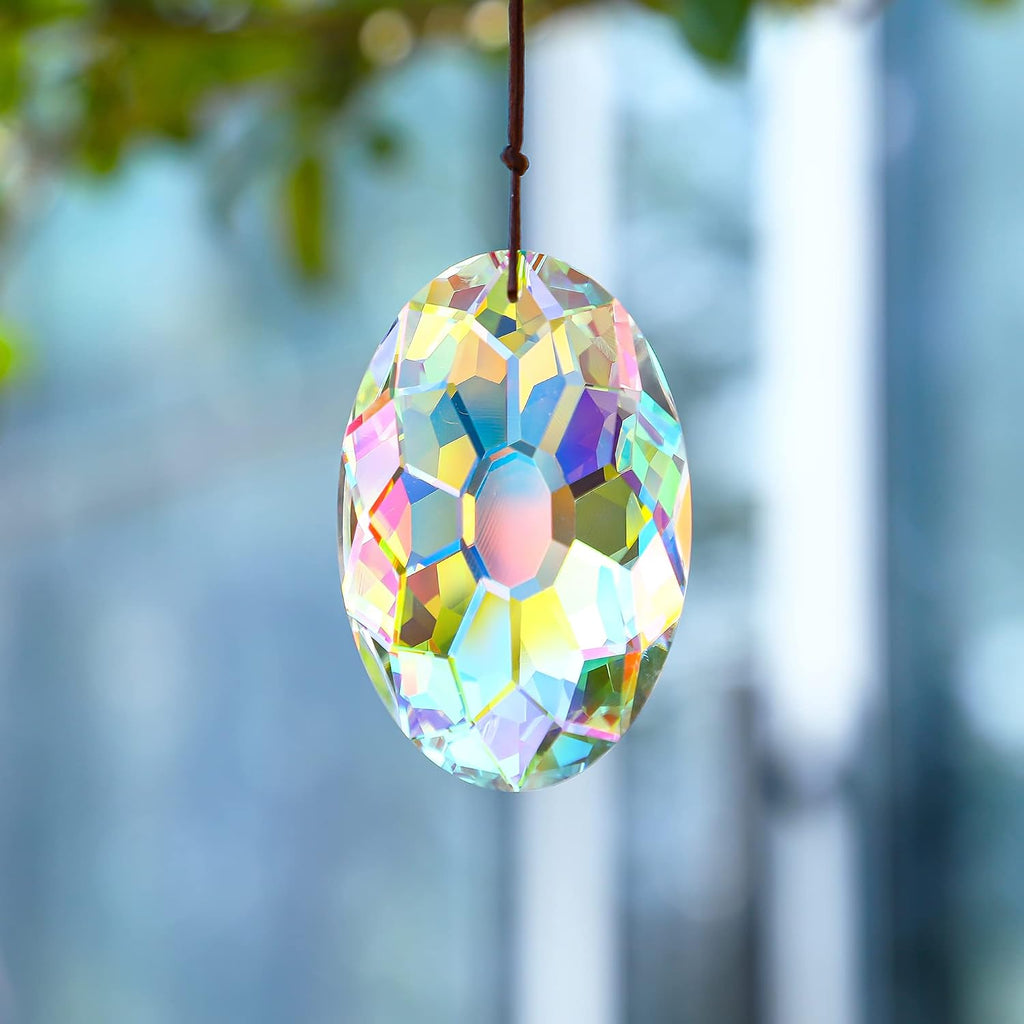 3.5 Inch Oval Crystal Prism Suncatcher, AB Rainbow Maker - AB Coating Faceted Glass Pendant, Colorful Light Catcher