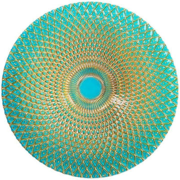 13-Inch Bohemian Art Glass Fruit Bowl - Decorative Serving Plate with Gold Geometric Pattern, Turquoise Centerpiece