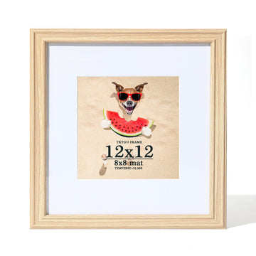 12x12 Picture Frame Natural, 12 x 12 Frame with Mat for 8x 8, Rustic Wooden Frames 12x12 with Real Glass, Square 12 by