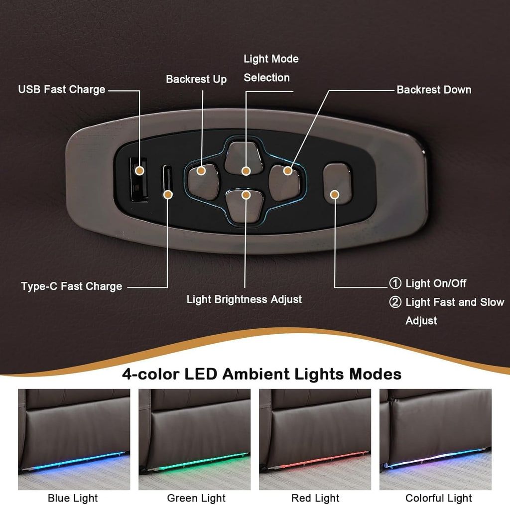 Power Loveseat Recliner Sofa, Home Theater Seating with Console，Reclining Loveseat Sofa RV Couch with LED Lights