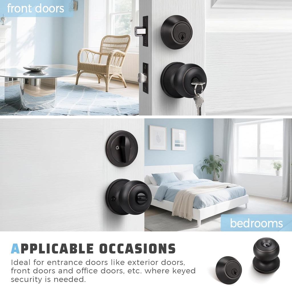 Keyed Entry Door Knob and Single Cylinder Deadbolt Combo Set, Exterior Door Knobs for Entrance and Front Door, Keyed