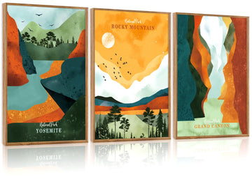 National Parks Framed Wall Art Set Of 3, Vintage Artwork Grand Canyon Wall Decor, Yosemite Mountain Wall