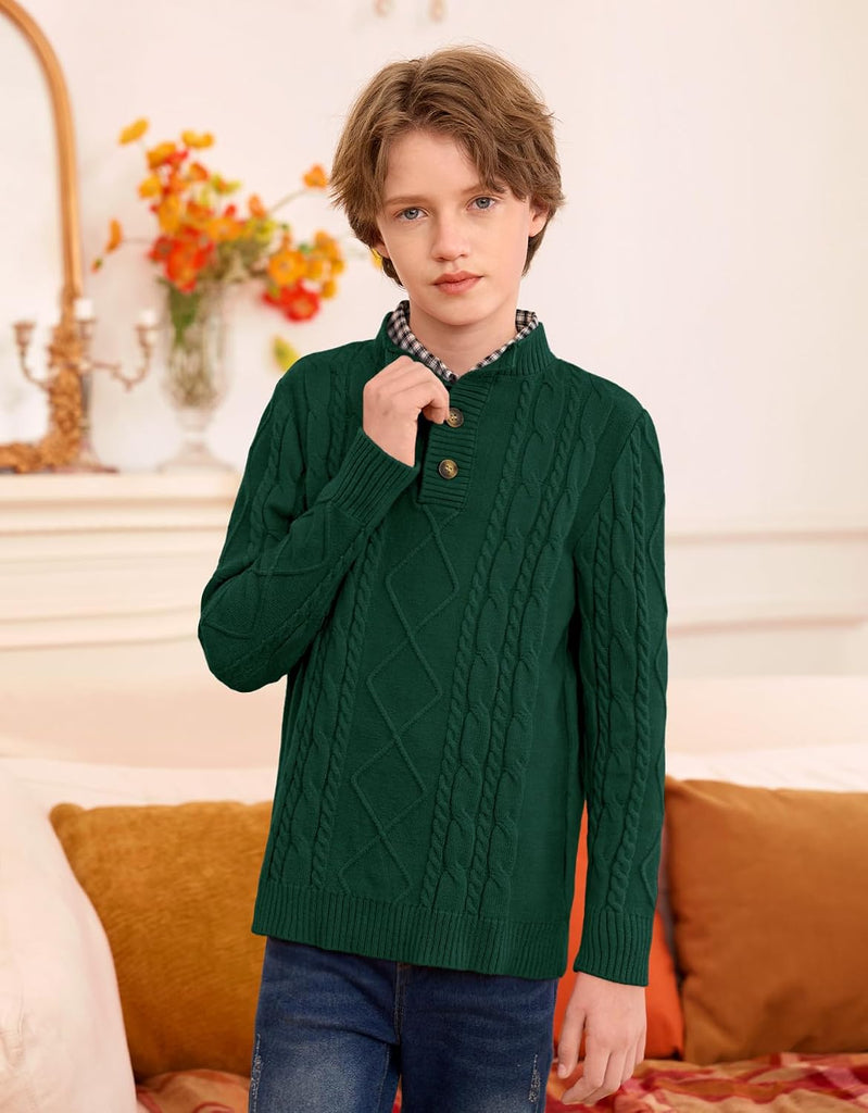 Boys Winter Cable Knit Sweater Mock Neck Button Pullover