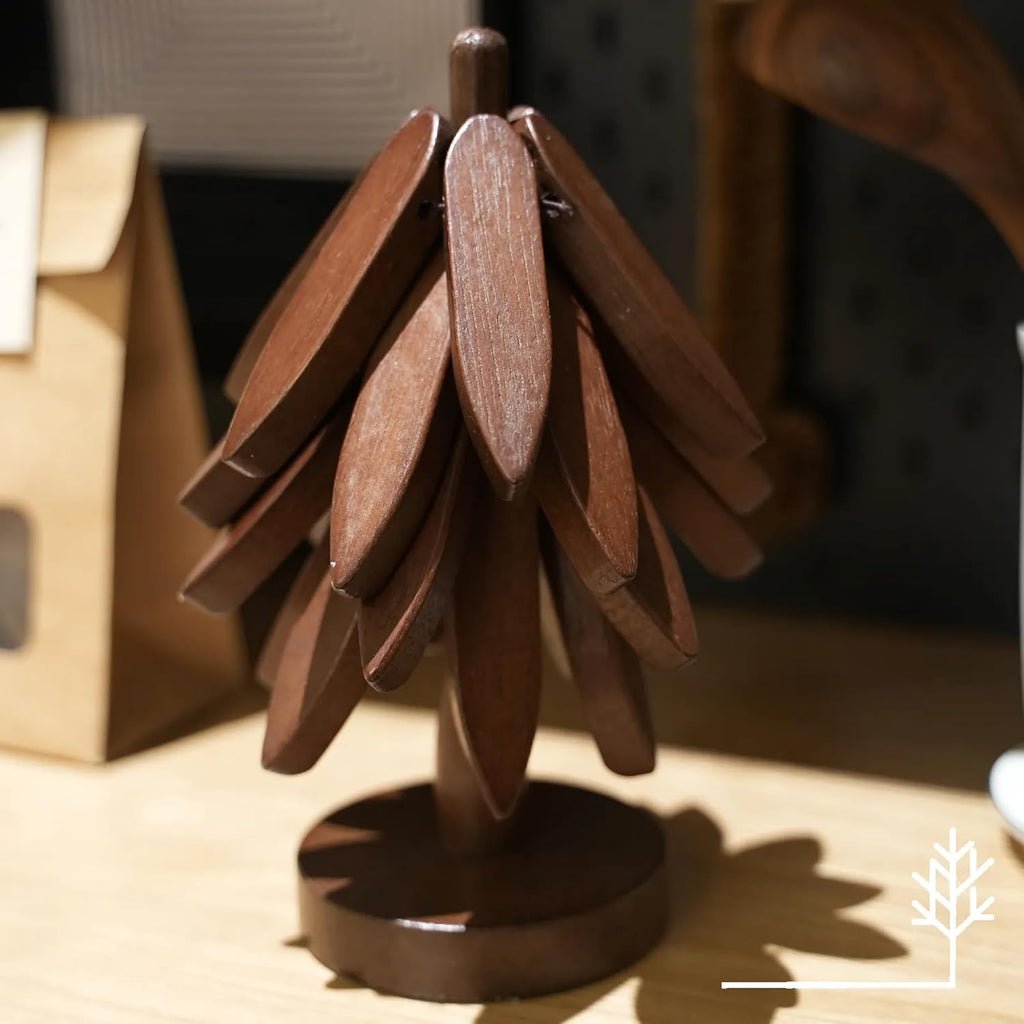 Wooden Trivet Tree for Hot Dishes, 4 Coasters + Stand, Walnut Finish - Set of 5