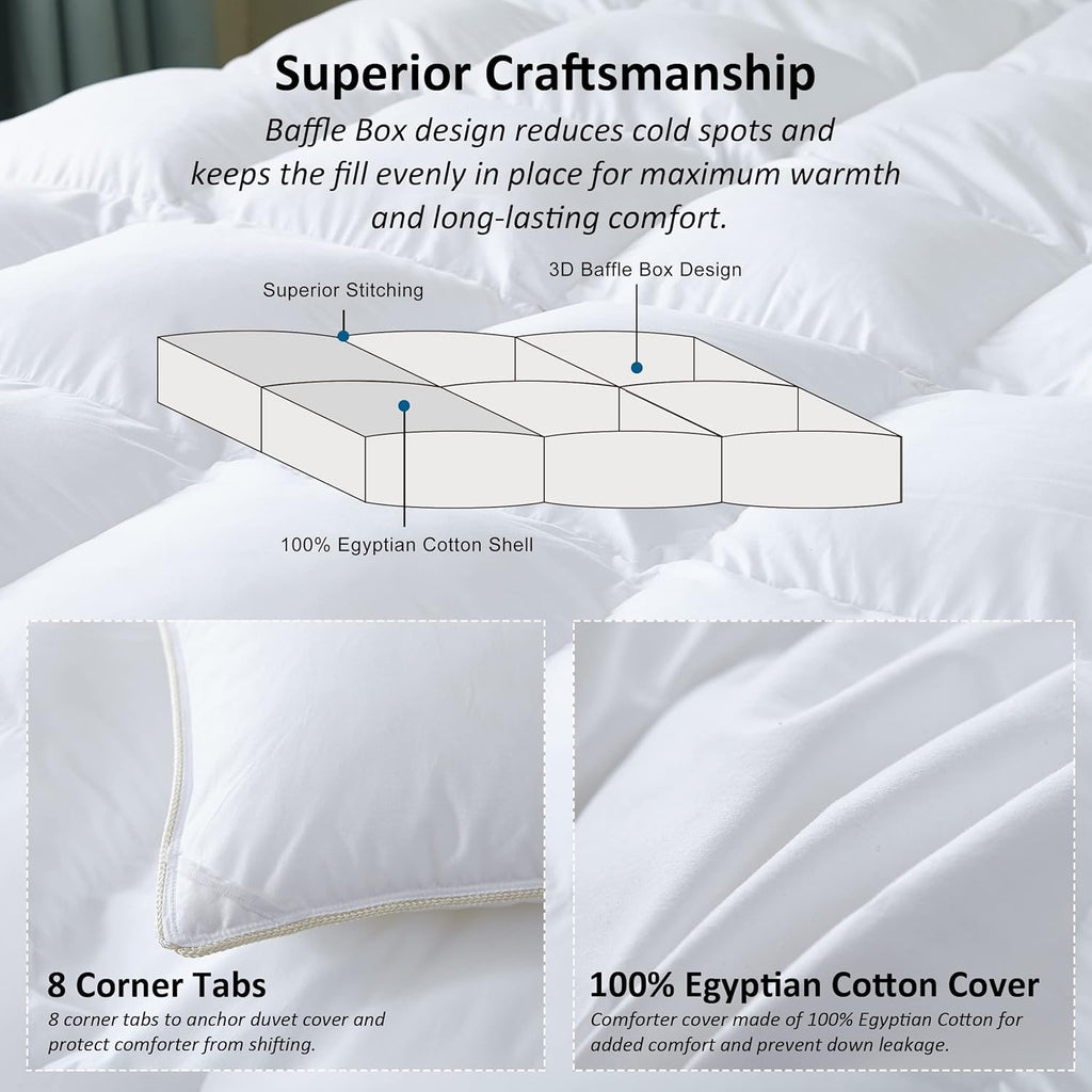 Luxurious Goose Down Feather Fiber Comforter Duvet Insert, Plain Solid Design, White 98 x 98, Premium Baffle Box 100%