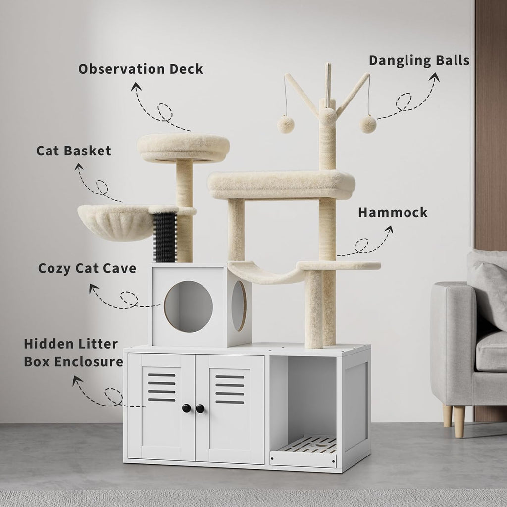 Cat Tree House, Cat Condos, Aesthetic Cats Tree, Hidden Litter Box, Wooden Cats Furniture with Multiple Platforms