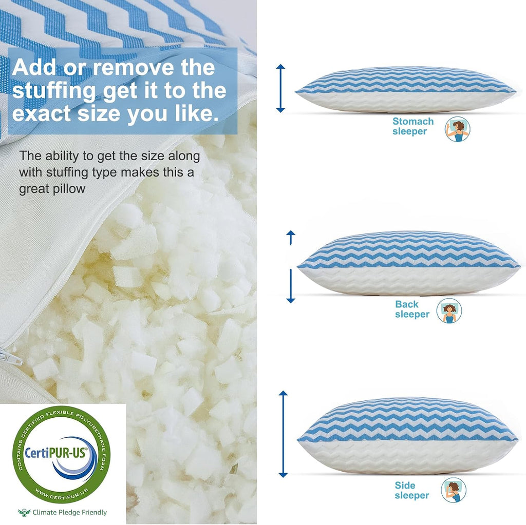 Pillows Queen Size Set of 2- Adjustable Firm Shredded Memory Foam Pillows - Side Sleeper Bed Pillows for Adults with