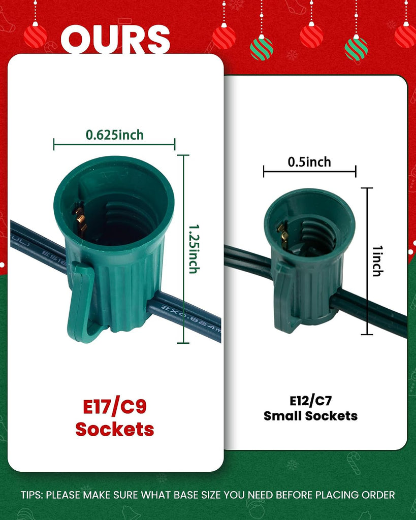 C9 Light Strand, 25FT Green Cord Indoor/Outdoor String Lights
