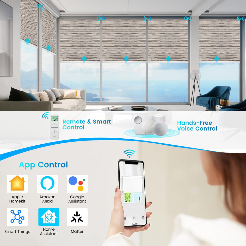 Motorized 100% Blackout Roller Shades - Smart Blinds with Remote Control, Rechargeable Battery or Plug-in Motor, Tuya
