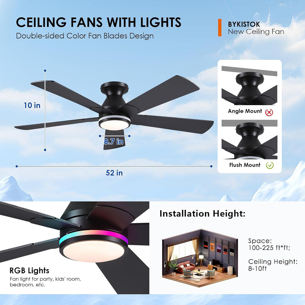 52In Black RGB Ceiling Fans with Lights - Flush Mount Low Profile Ceiling Fan Light with Remote/APP, RGB+3CCT 6 Wind Speeds and Reversible, Modern Fan Light Fixture for Party, Kid's Room A101-B0DTG9HHZY