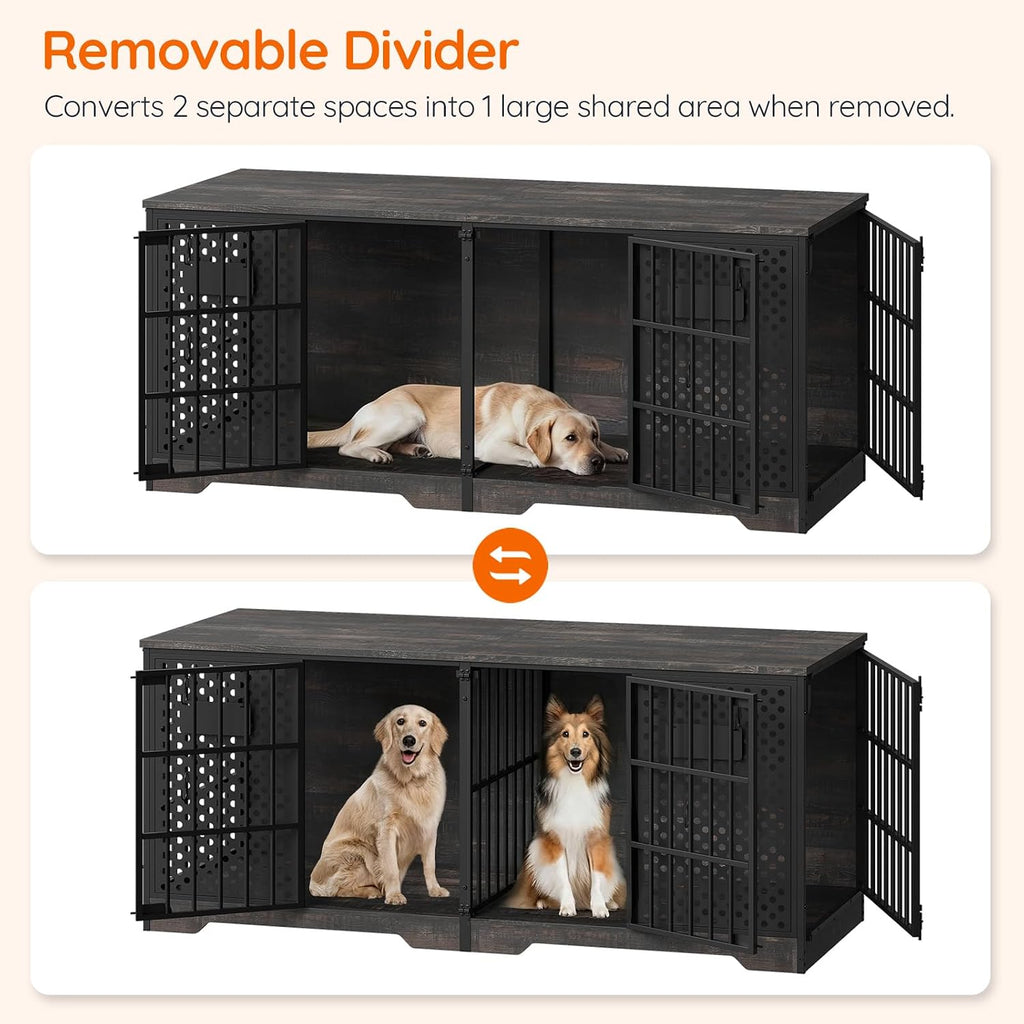 Dog Crate Furniture for 2 Large Dogs, Heavy Duty Indoor Kennel with Removable Divider & Name Tags, TV Stand Cage