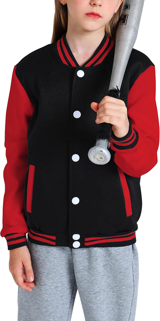 Girls Varsity Jacket Kids Baseball Lightweight Jacket Fleece Coat Button Closure School Outwear
