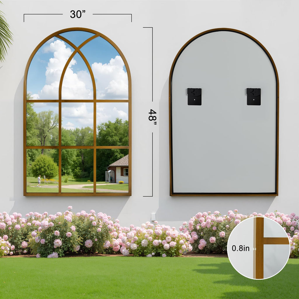 Arched Window pane Wall Mirror 30"x48", Window Shaped Farmhouse Style with Aluminum Frame, Decorative Wall Mirror