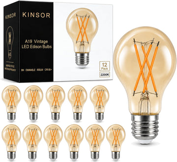 A19 LED Edison Bulbs, 12 Pack, 60W Equivalent, Dimmable, 2200K