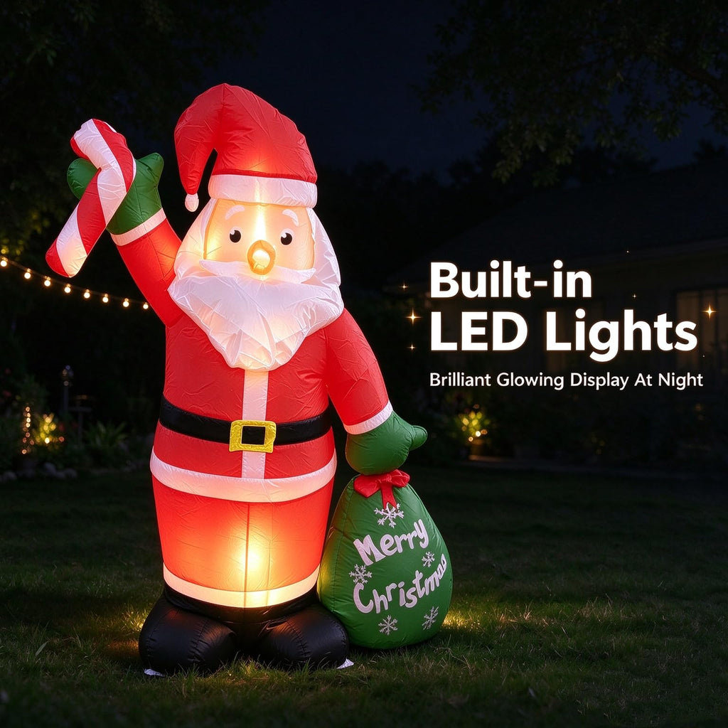 4FT Christmas Inflatable Santa Claus Yard Decoration, Blow‐up Santa with LED Light, Candy Cane & Gift Bag, Polyester