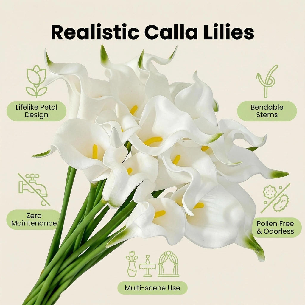 30 Stems Real Touch Calla Lily Artificial Flowers, 15.7in White Faux Calla Lilies with PU Blooms and Bendable Stems