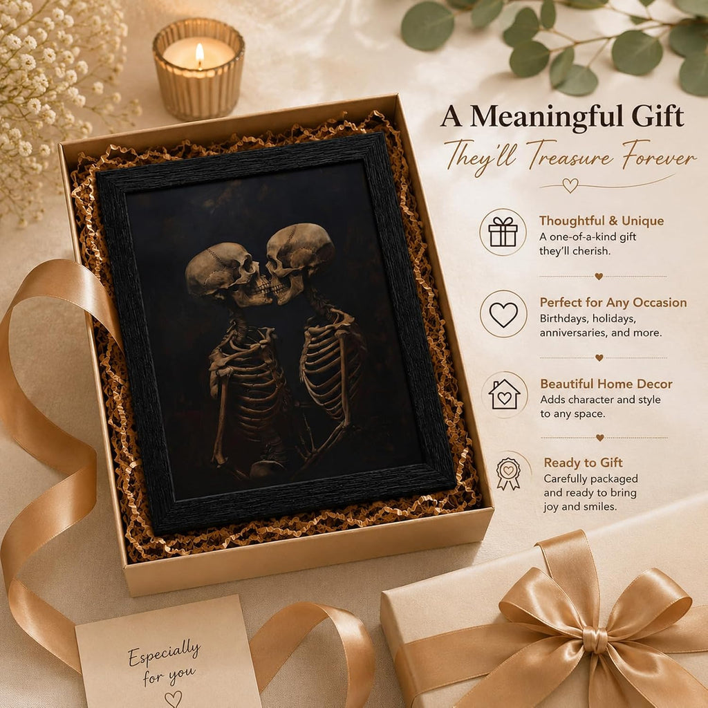 Framed Halloween Skeleton Lovers Wall Art Dark Romantic Kissing Skeletons Pictures Prints Horror and Eeriness Wall