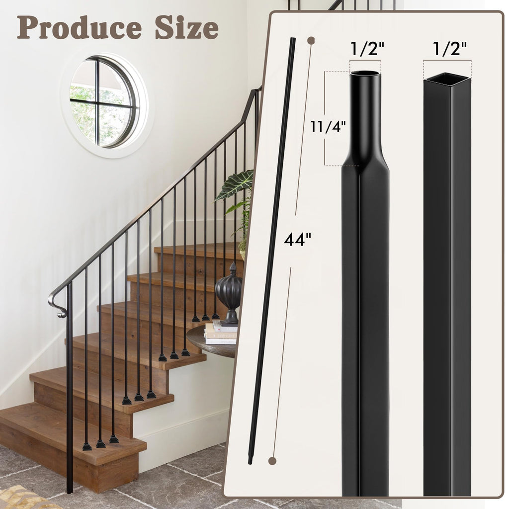 16 Pcs Wrought Iron Balusters for Staircase, 1/2" x 44" Hollow Straight Iron Spindles Deck Balusters, Deck Railing
