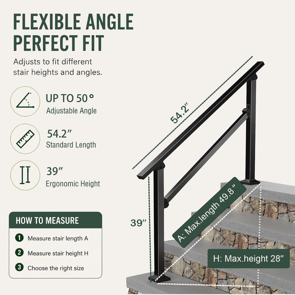 4 Step Hand Rail for Outdoor Steps, 1-Pack Metal Stair Railing Kit