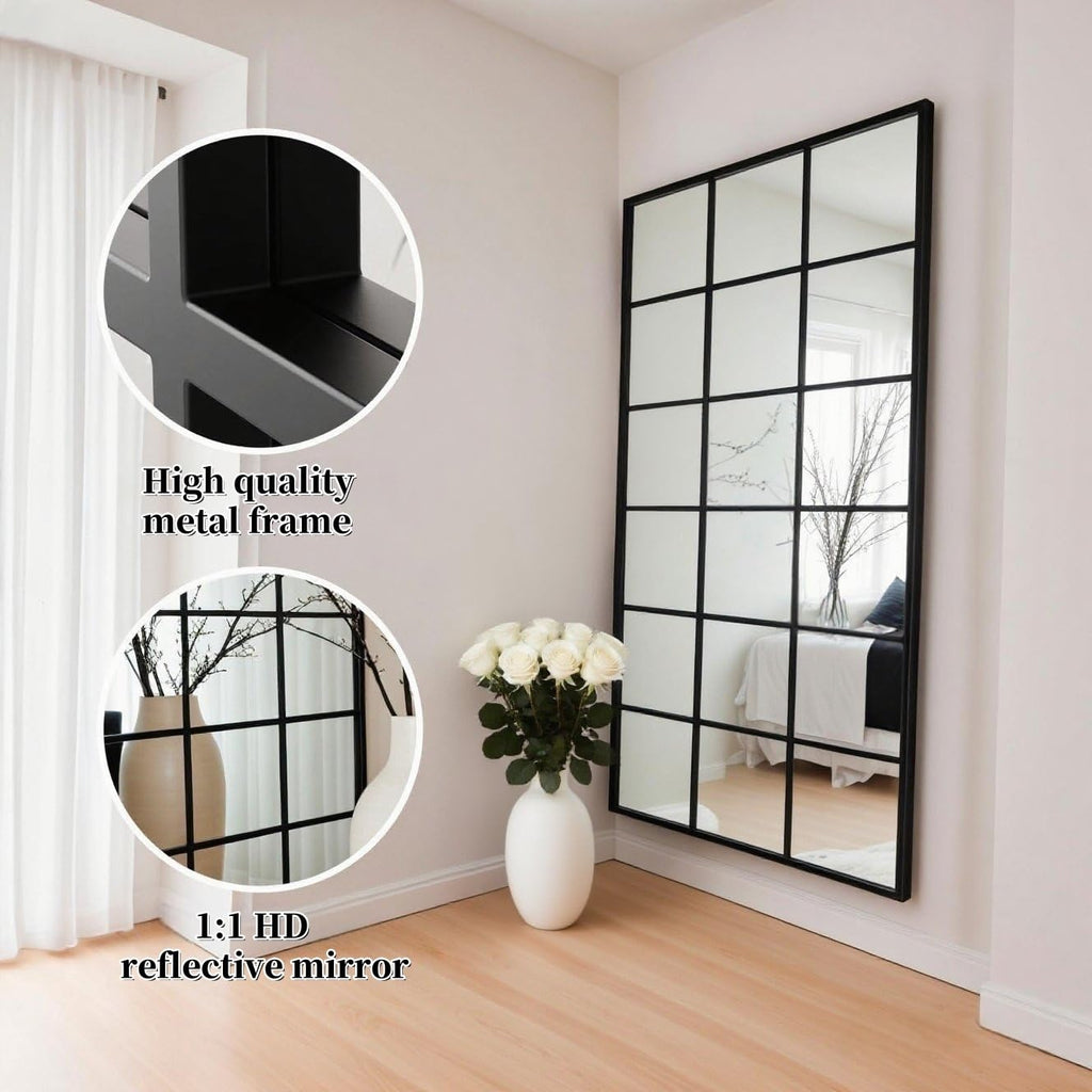 Windowpane Full Length Mirror, 65"x 24" Floor Standing Mirror, Black