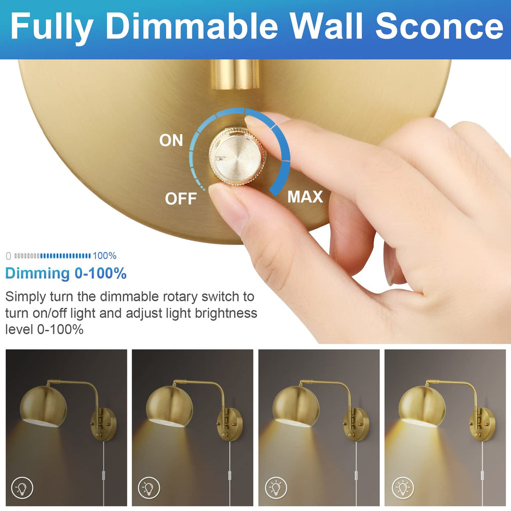Wall Sconces Plug in, Dimmable Wall Sconce Swing Arm Wall Lights with Plug in Cord and Dimmer On/Off Knob Switch