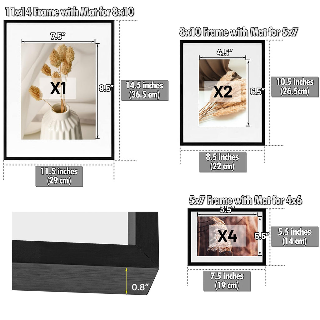 7 Pack Black Aluminum Frame with White Mat, Real Glass