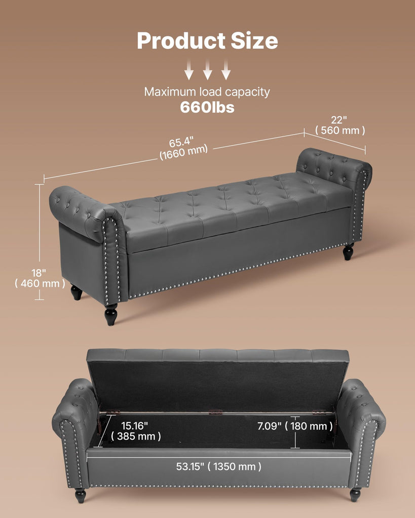 Button-Tufted Storage Ottoman Bench, Rolled Arm PU Leather Bench with Solid Wood Legs, Modern Shoe Benches Seat