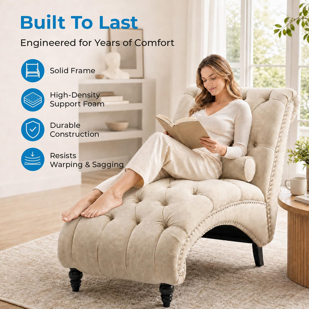 Tufted Chaise Lounge Chair Indoor, Beige Linen with Pillow & Nailhead Trim
