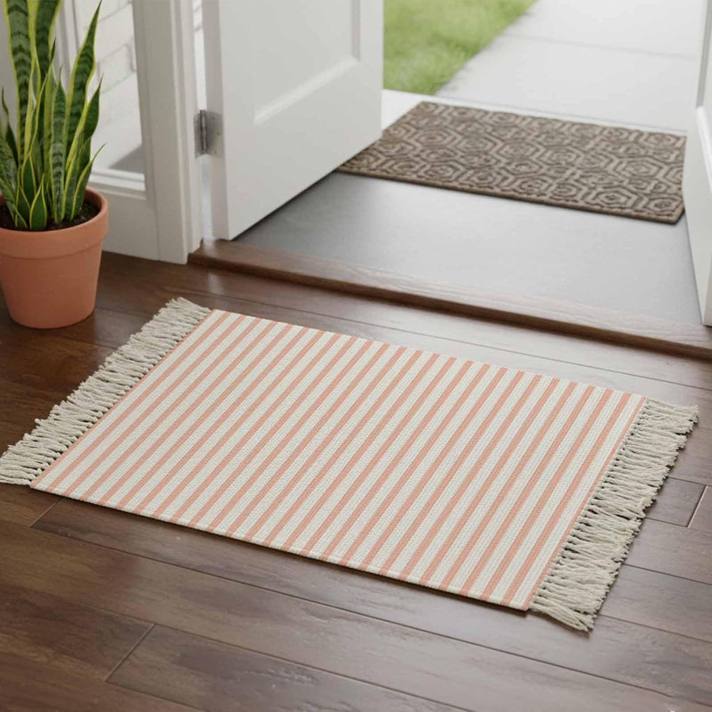 Minimalist Peach Pink Striped Runner Rug with Tassel Modern Art Vertical Line Print Entryway Rugs Washable