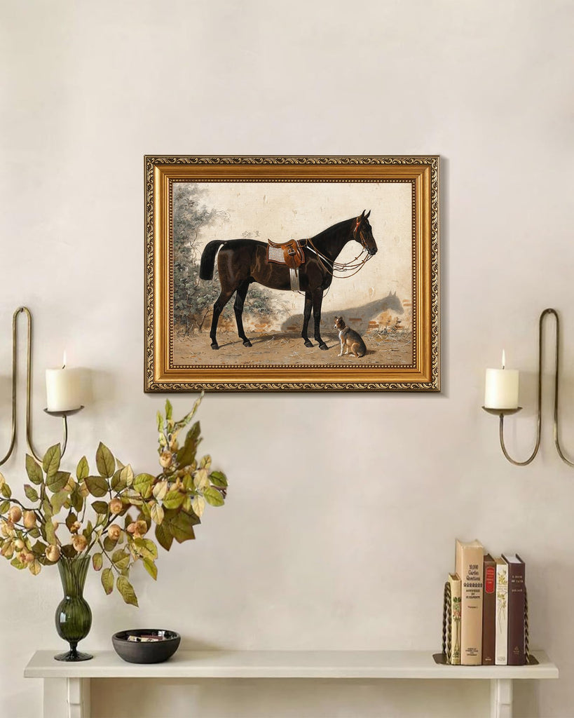 Retro Gold Framed Wall Art Decor, Detachable Gold Framed Rustic Farmhouse Wall Decor Horse Canvas Artwork, Classical