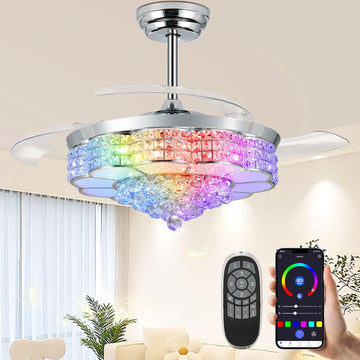 52" RGB Retractable Blades Bluetooth Crystal Ceiling Fan with Light Fandelier Speaker LED Chandelier 6-Speed APP