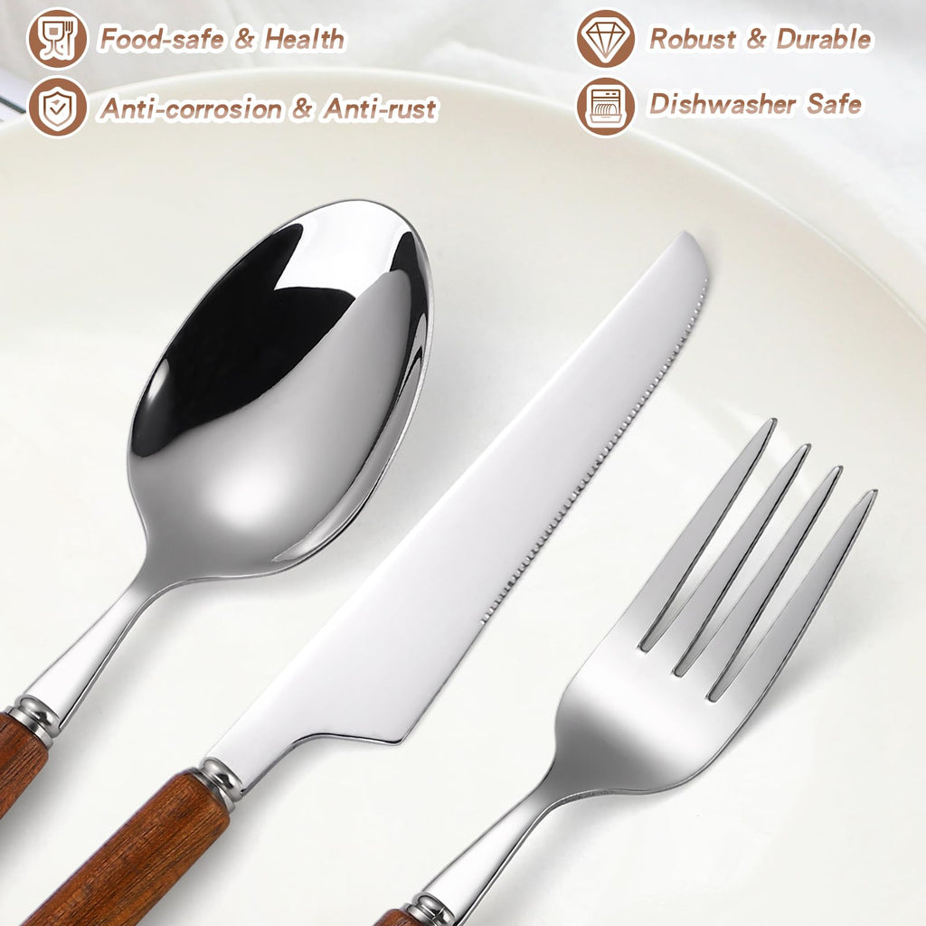 Silverware Set, 20 Piece Mirror Flatware Set 18/8 Stainless Steel Eating Utensils With Wooden Handle, A Complete