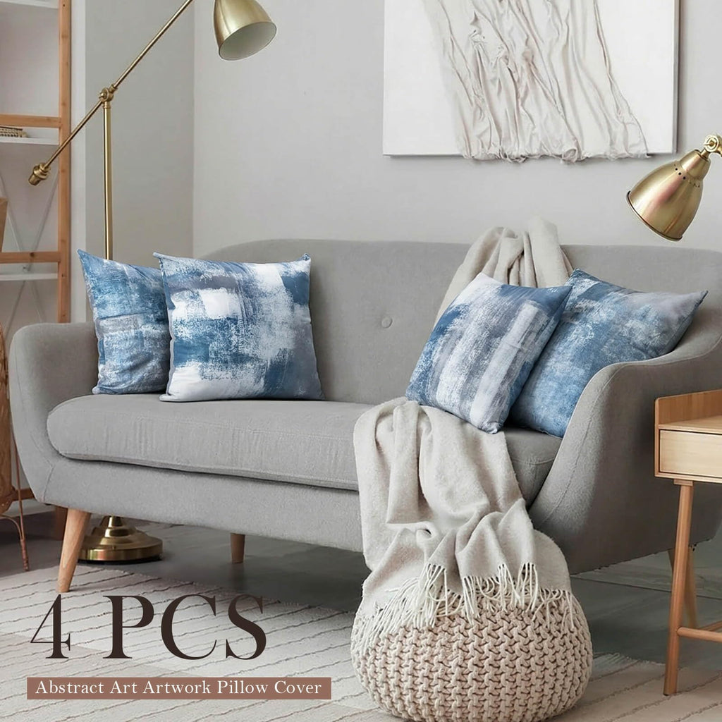 Set of 4 Blue and Grey Abstract Art Artwork Pillow Cover 16 x 16 Inch, Gallery Modern Decorative Throw Pillows