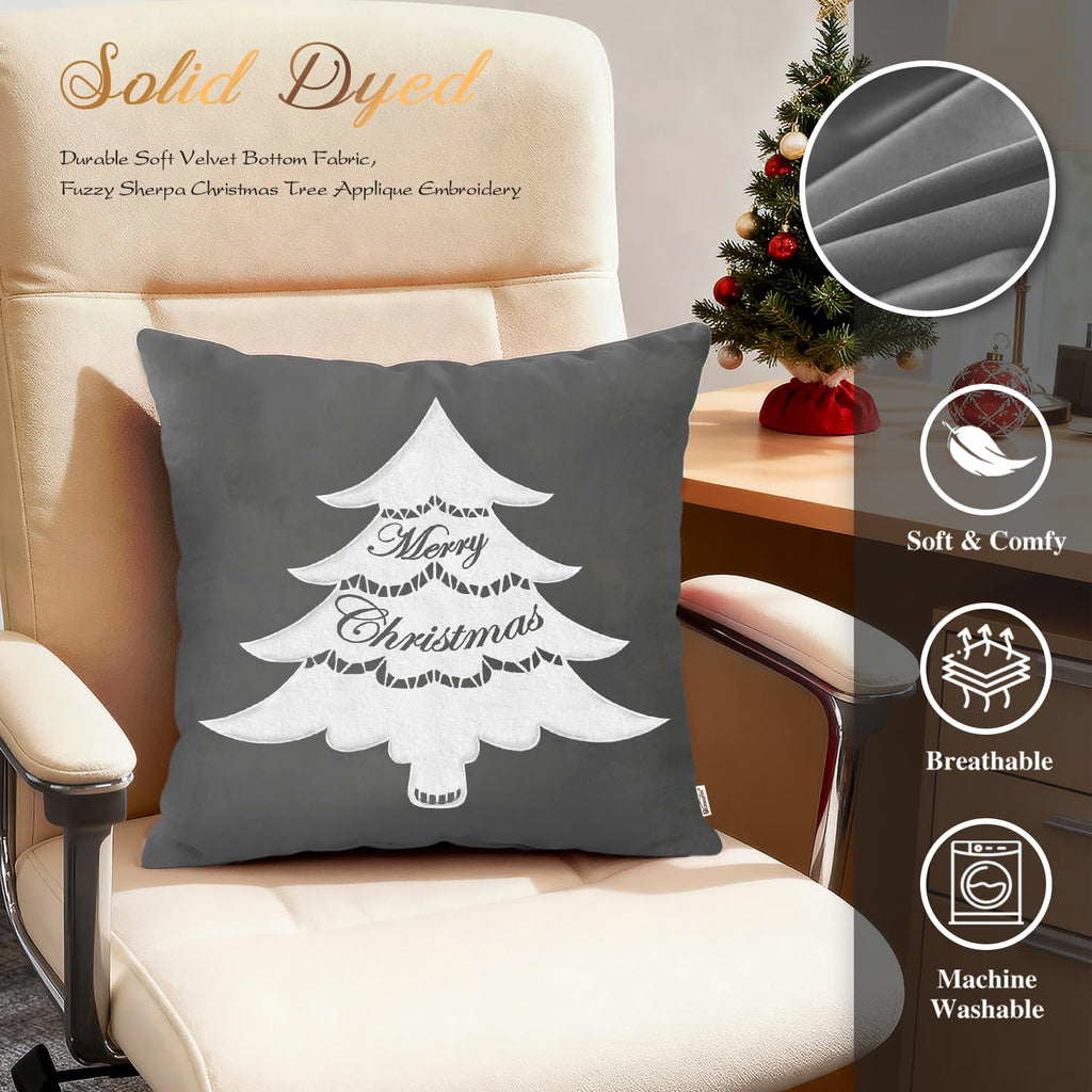 Christmas Tree Pillow Cover 18x18 Gray Velvet Embroidered