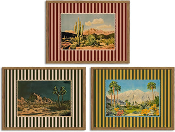 Framed Vintage Western Nature Landscape Wall Art Set of 3, Striped Postcards Southwest Desert Cactus Pictures Wall