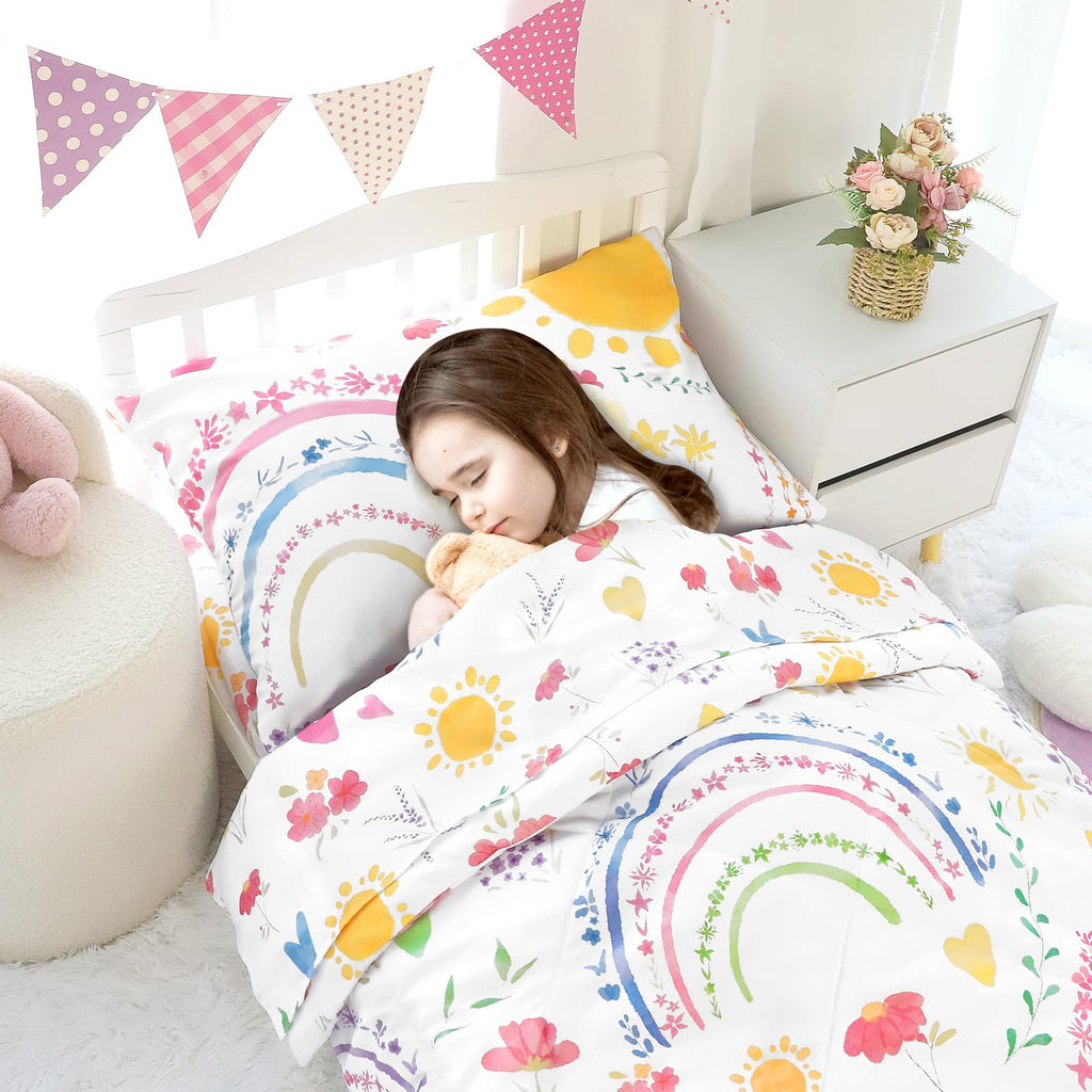 Toddler Bedding Set for Girls, 4 Piece Soft & Breathable Rainbow & Sun Crib Bedding Set, Bed-in-A-Bag Toddler