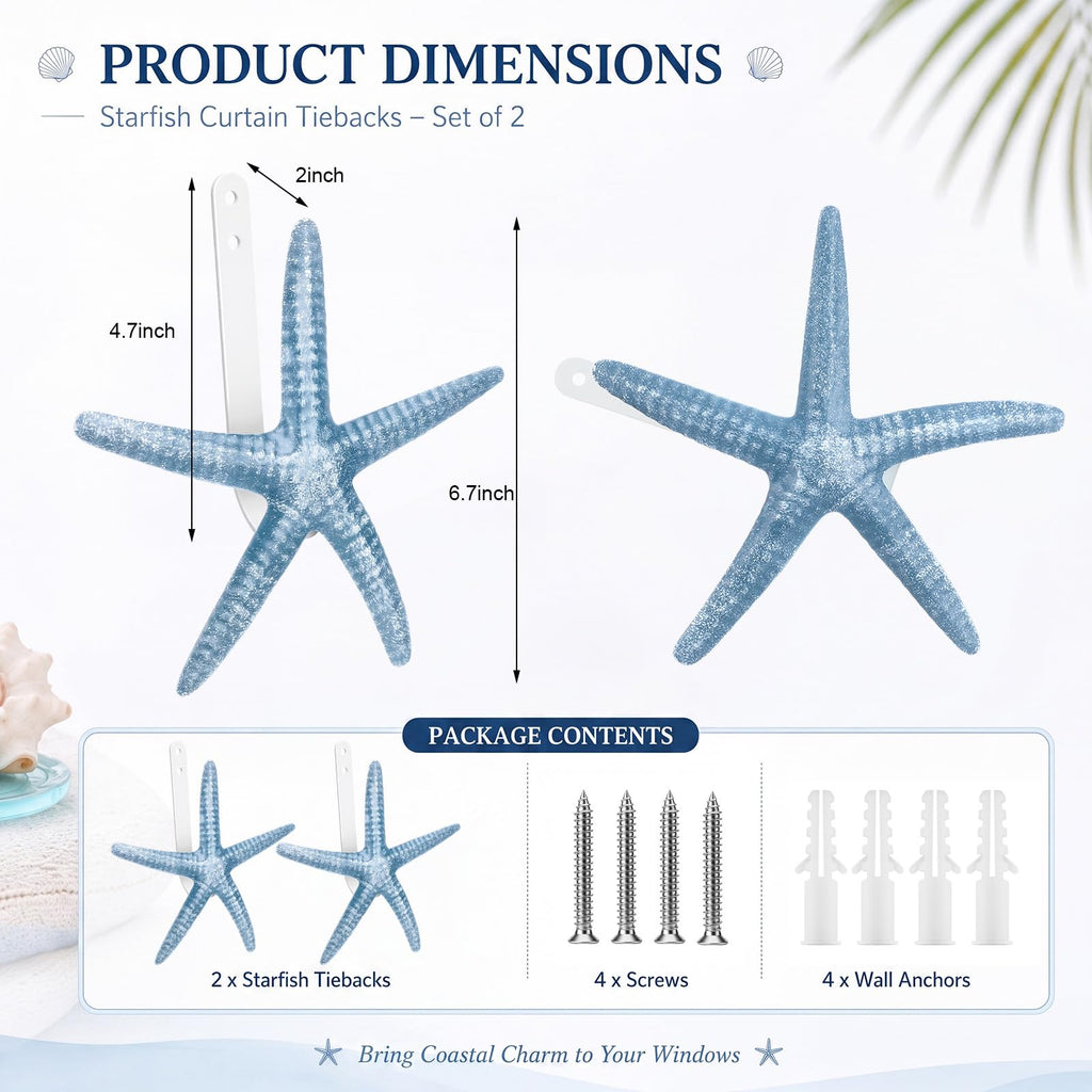Natural Starfish Curtain Tiebacks Coastal Curtain Holdbacks - 2 Pcs