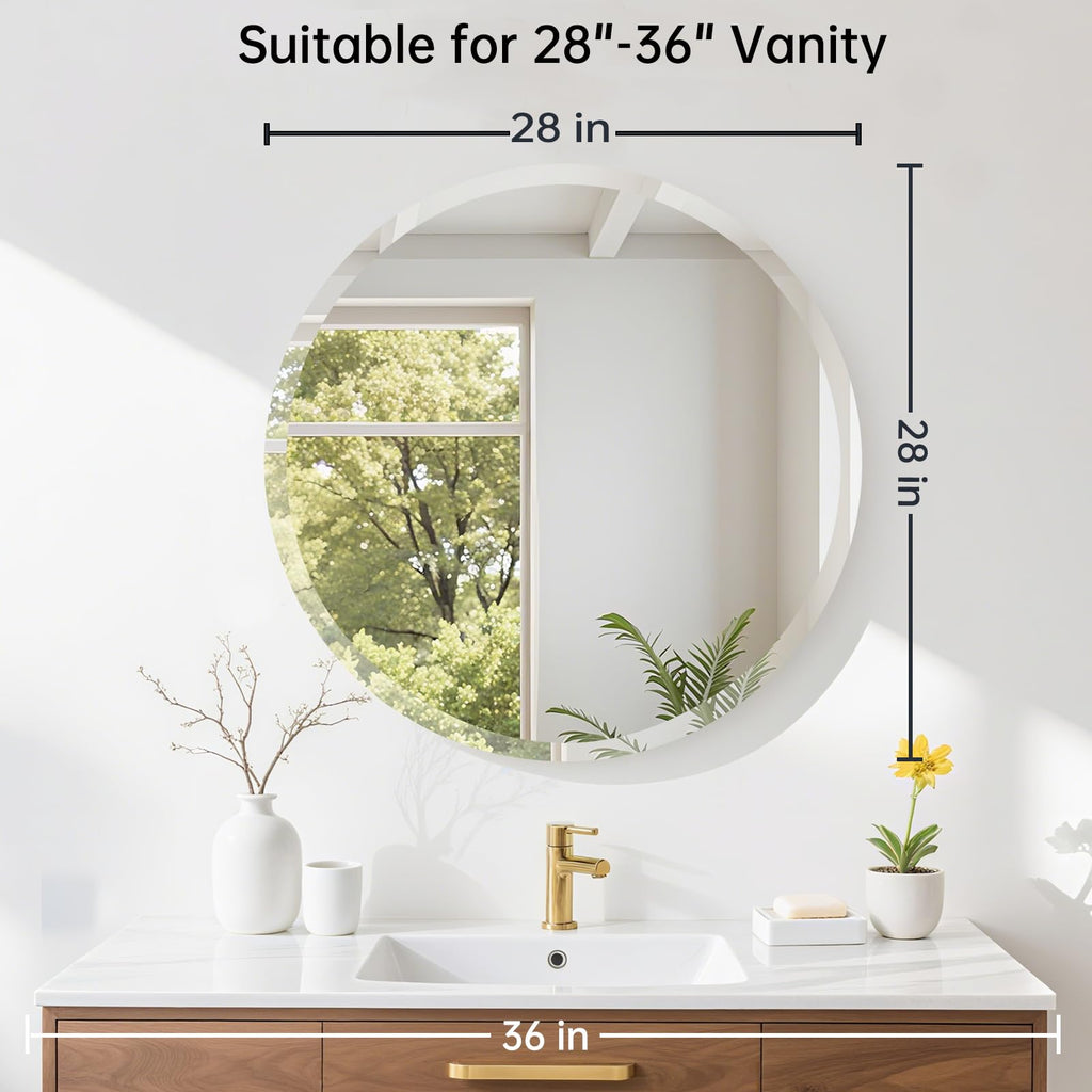 28 Inch Round Frameless Bathroom Mirror, Beveled Round Mirror