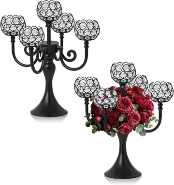 5 Arm Metal Crystal Candelabra Centerpiece - 13.4 Inch Elegant Candle Holder with Crystal Beadsable Decoration (2