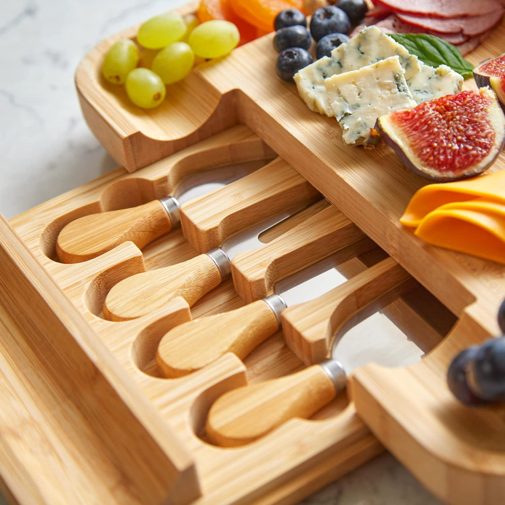 Bamboo Cheese Board and Knife Set with Slide-Out Cutlery Drawer