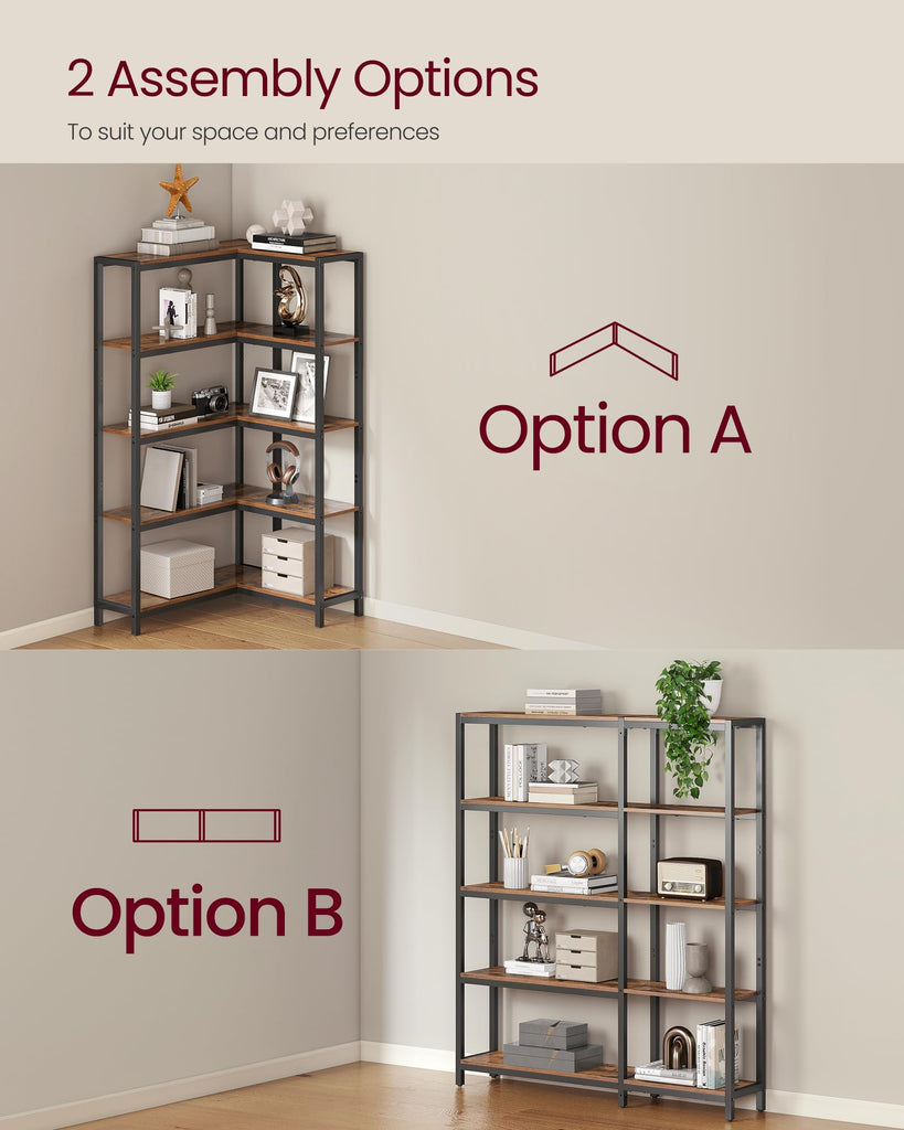 5 Tier Bookshelf, Convertible Corner Shelf, 40.2 x 9.4 x 55.9 in