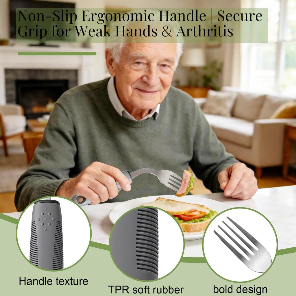 Right-Handed Adaptive Utensils Set, Easy Grip Rocker Knife, Fork & Spoon for Seniors, Parkinson's, Hand Tremors &