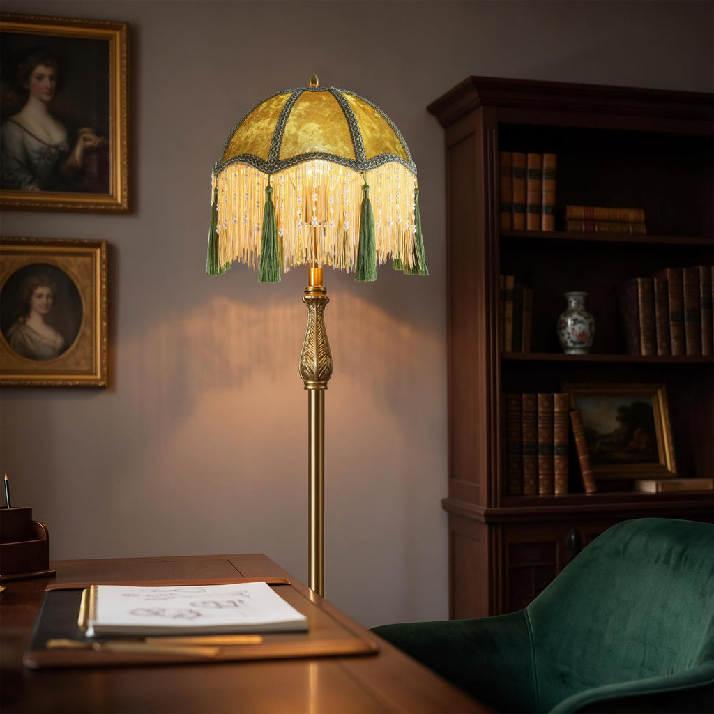 Victorian Floor Lamp with Olive Green Tassel Shade & Remote Control