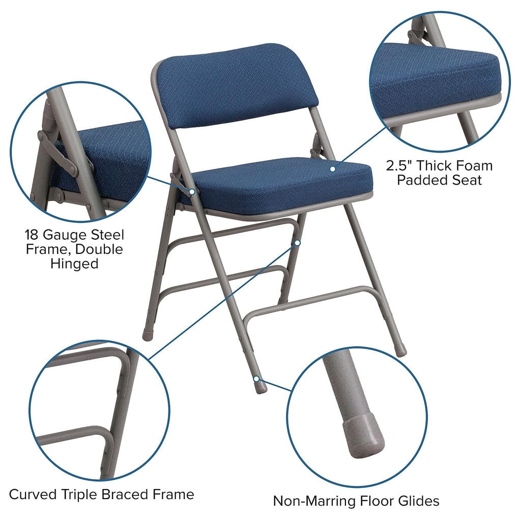 4 Pack HERCULES Series Premium Curved Triple Braced & Double Hinged Navy Fabric Metal Folding Chair